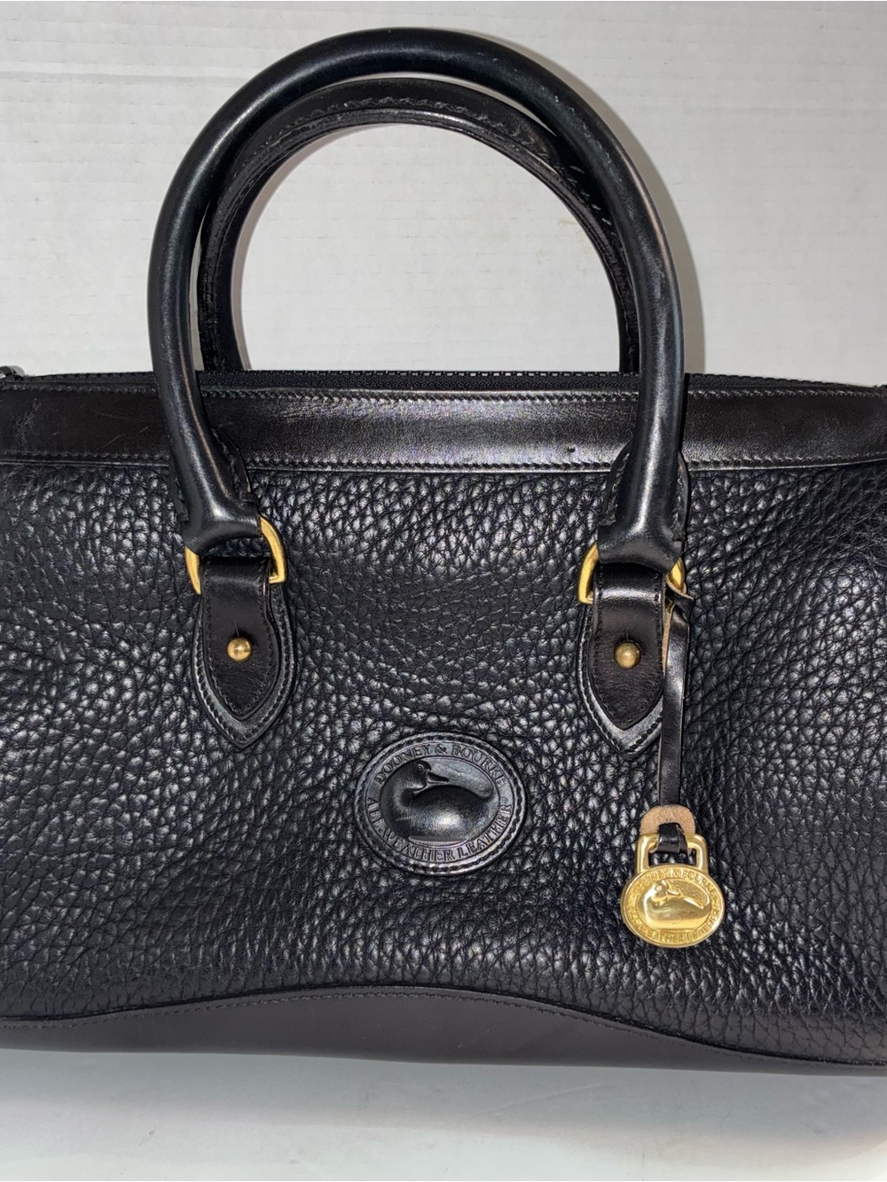 Vintage Dooney & Bourke Boston Black Pebbled Leather Satchel with Brass Hardware - Picture 1 of 13